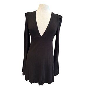 Free People Black Long Sleeve Plunge V-Neck Dress With Tiered Bell Cuffs & Puff